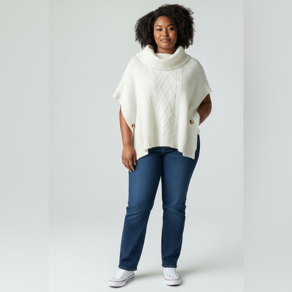 Old Navy Cream Turtleneck Cotton Blend Poncho Knit Sweater
